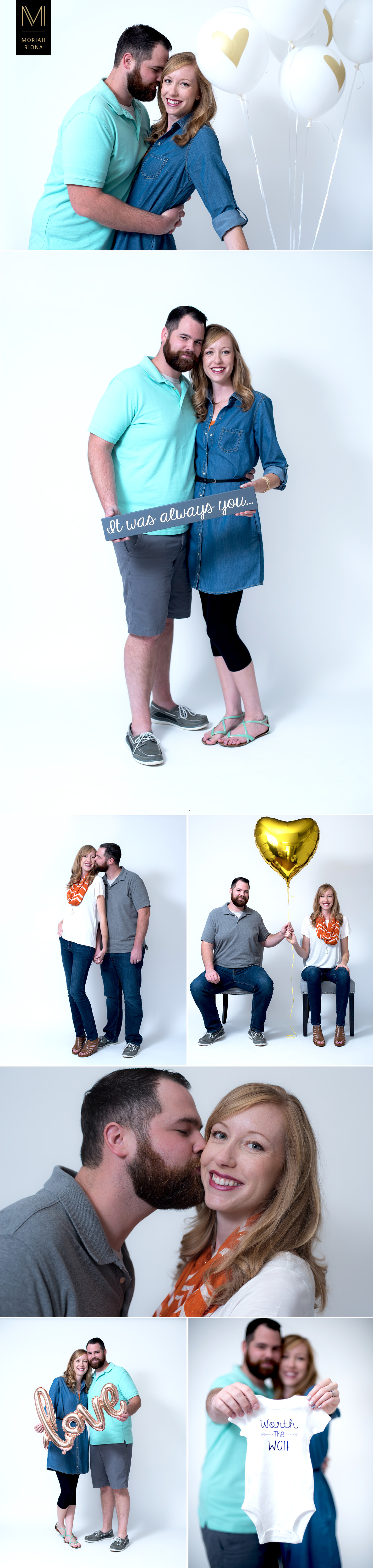 Adoption Announcement Photographs by Colorado Springs photographer, Moriah Riona. John & Melody Adopt, couples photography in studio for Adoption fundraising website with gold balloons and etsy props.