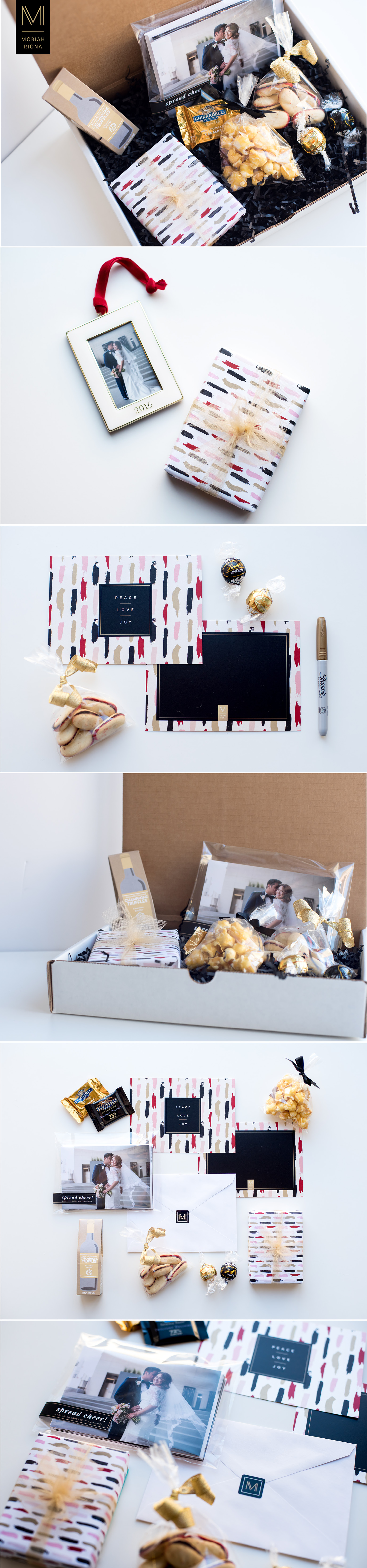 Branded holiday gift boxes for wedding photography clients by Moriah Riona. Branding for photographers. Luxurious and glamorous custom designed gifts and holiday packaging in brand colors, black, gold and blush.