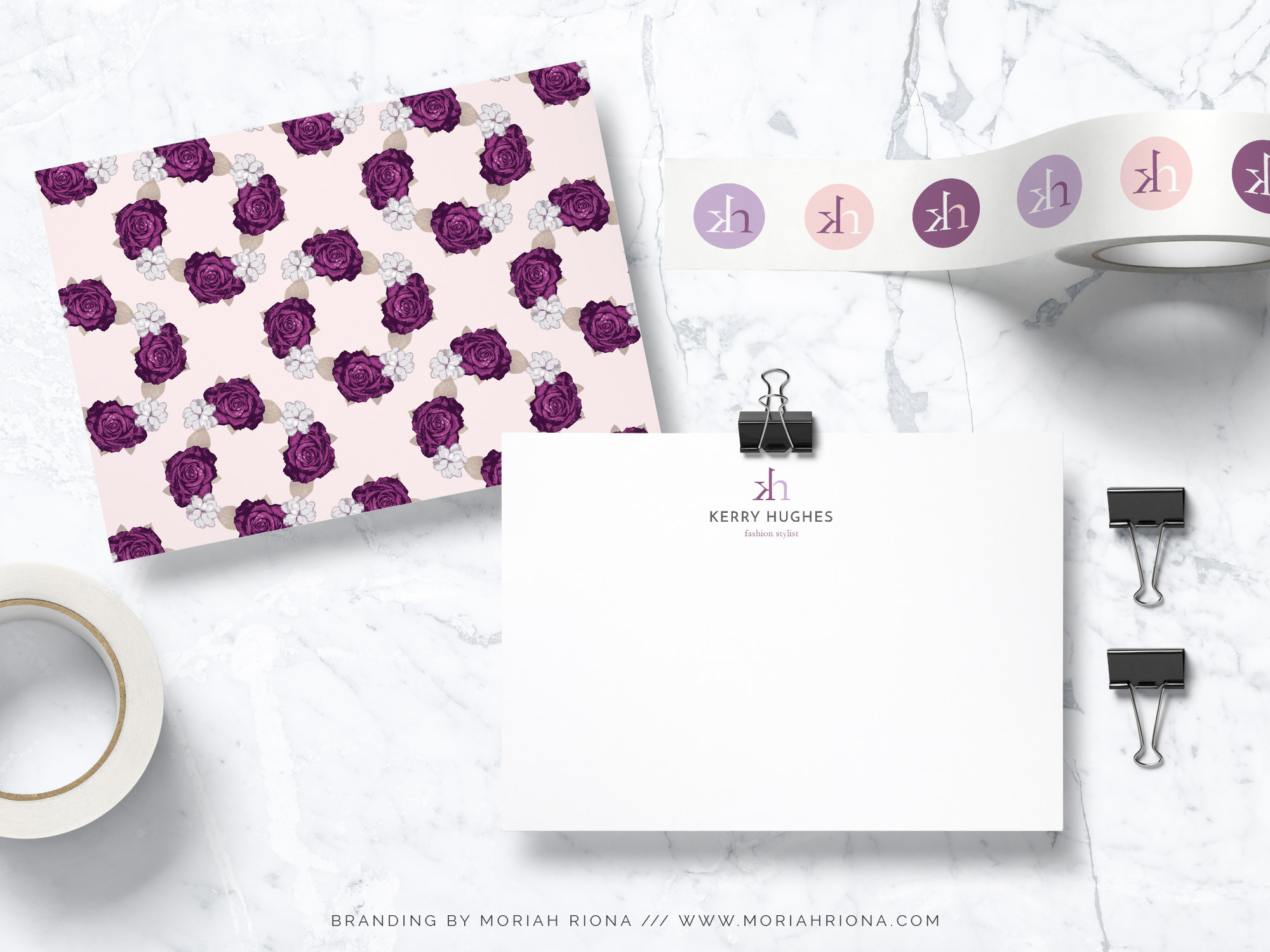 Custom stationery design from Branding Collection, designed by Moriah Riona for Fashion Stylist, Kerry Hughes. Blush, lavender and plum color palette for feminine branding. Graphic Design and Branding for photographers and creative bossladies.