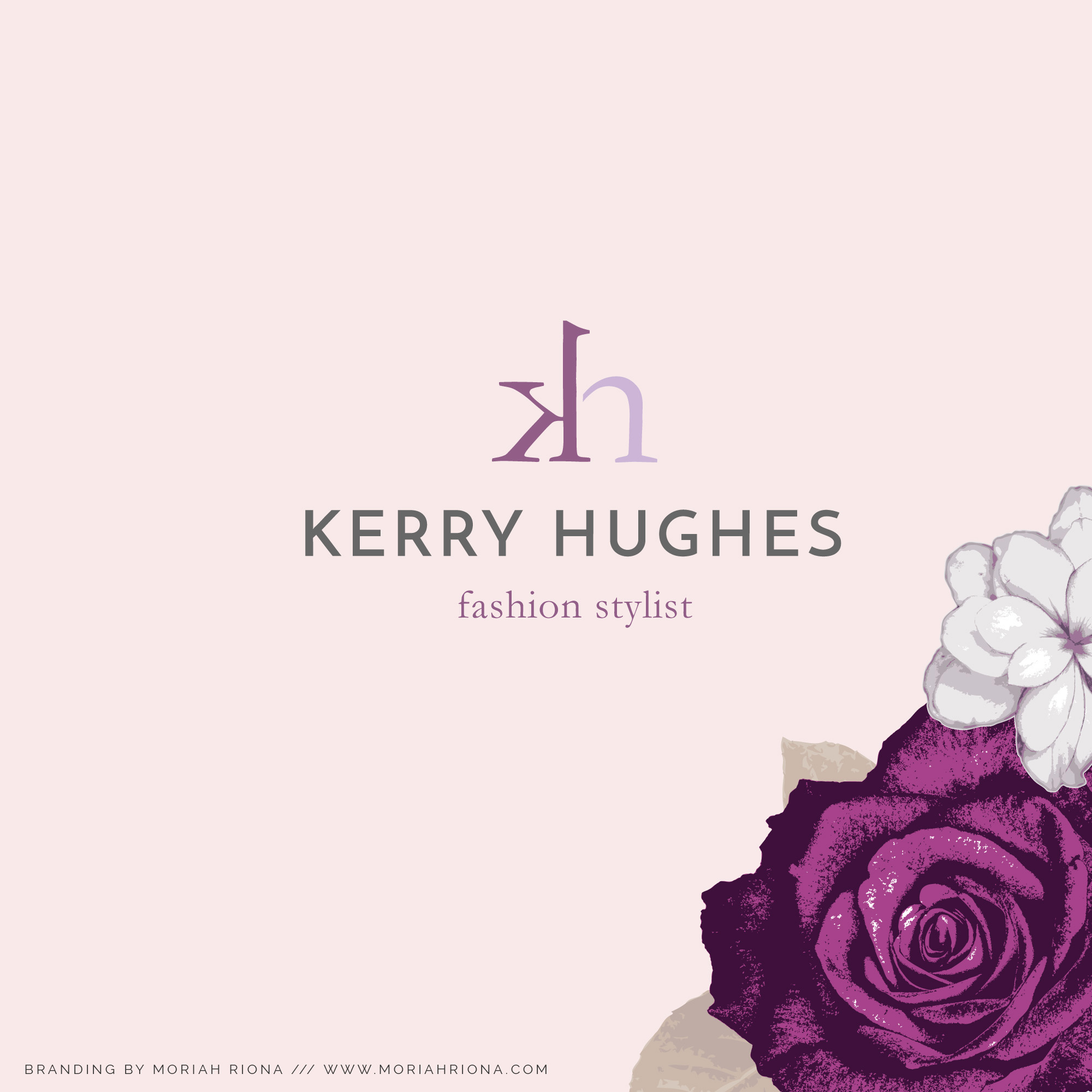 Bold and feminine logo design by Moriah Riona for fashion stylist, Kerry Hughes. Branding Collection palette with purples and pinks. Luxe glam branding and website design for wedding photographer by Moriah Riona. Custom designed Showit 5 website. Graphic Design and Branding for photographers and creative bossladies.