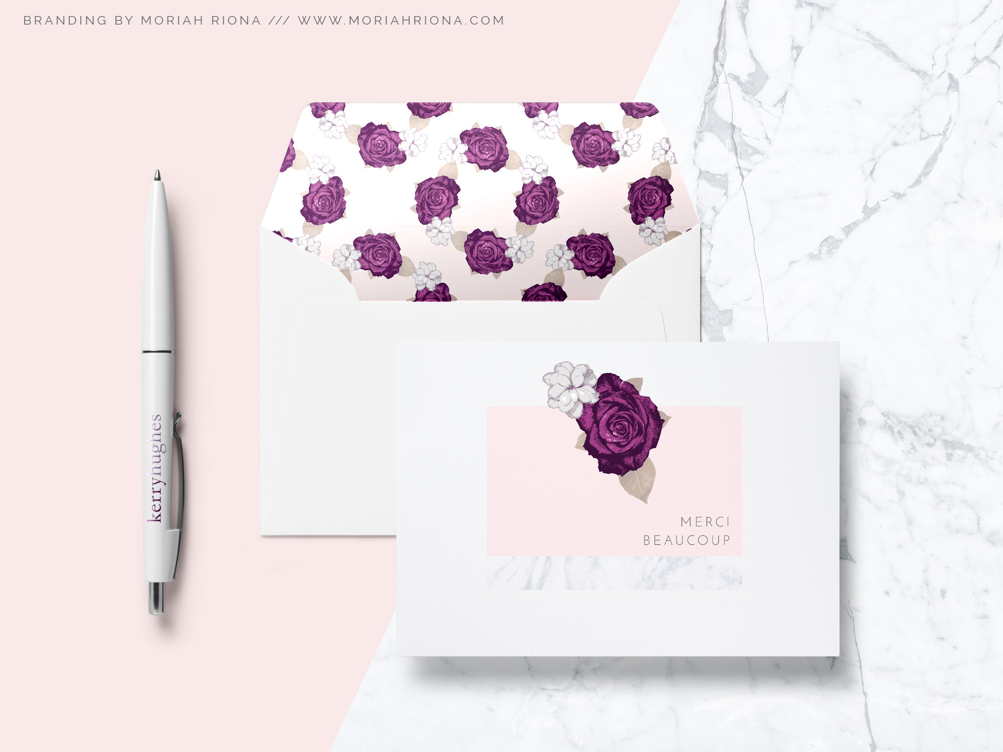 Branded stationery from Branding Collection design by Moriah Riona for fashion stylist, Kerry Hughes. Blush and purple branding.