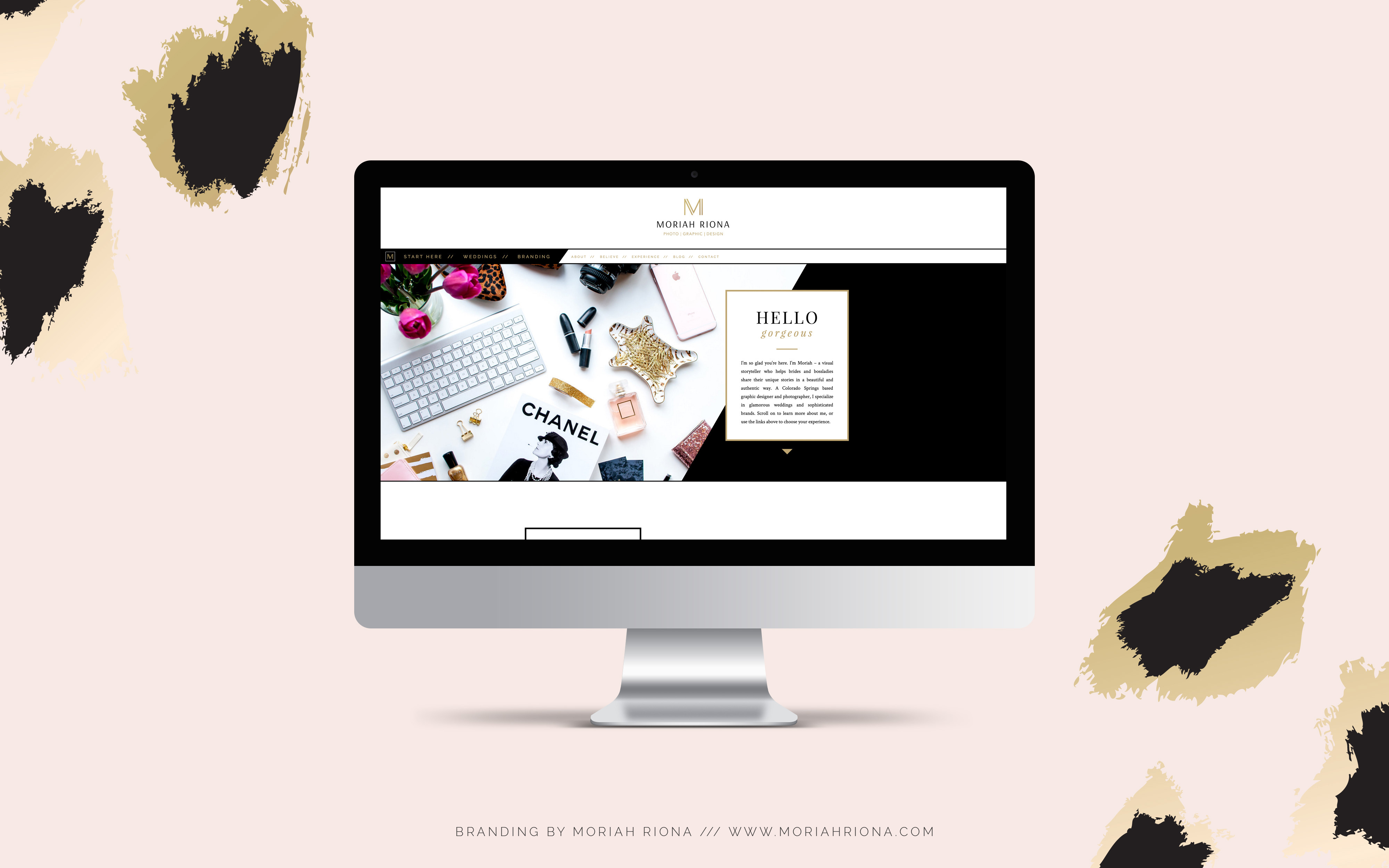 Luxe glam branding and website design for wedding photographer by Moriah Riona. Custom designed Showit 5 website. Graphic Design and Branding for photographers and creative bossladies.