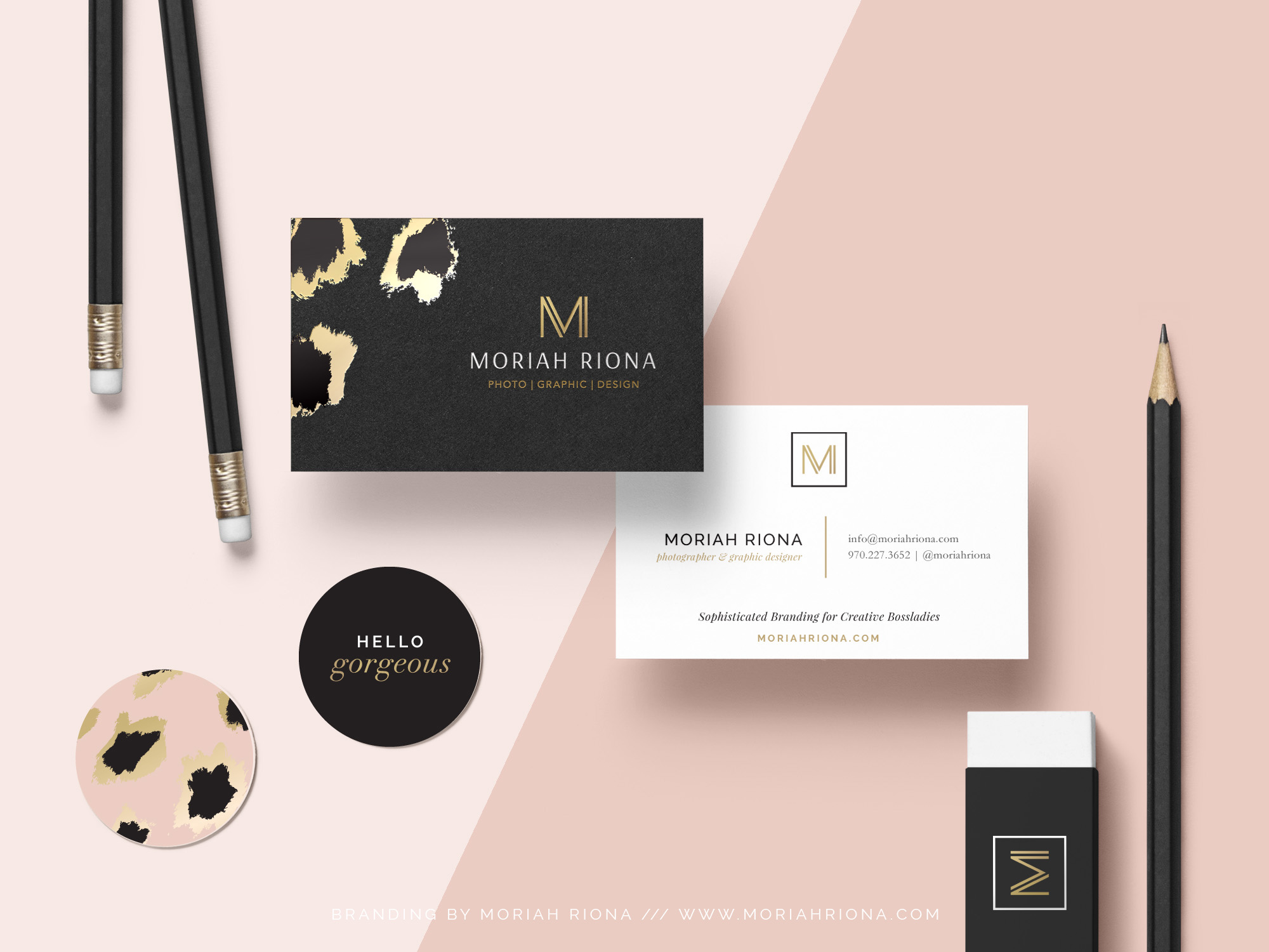 Luxe glam blush, gold and black branding for wedding photographer designed by Moriah Riona. Gold foil business cards and stickers. Branding and graphic design for photographers and creative boss ladies.