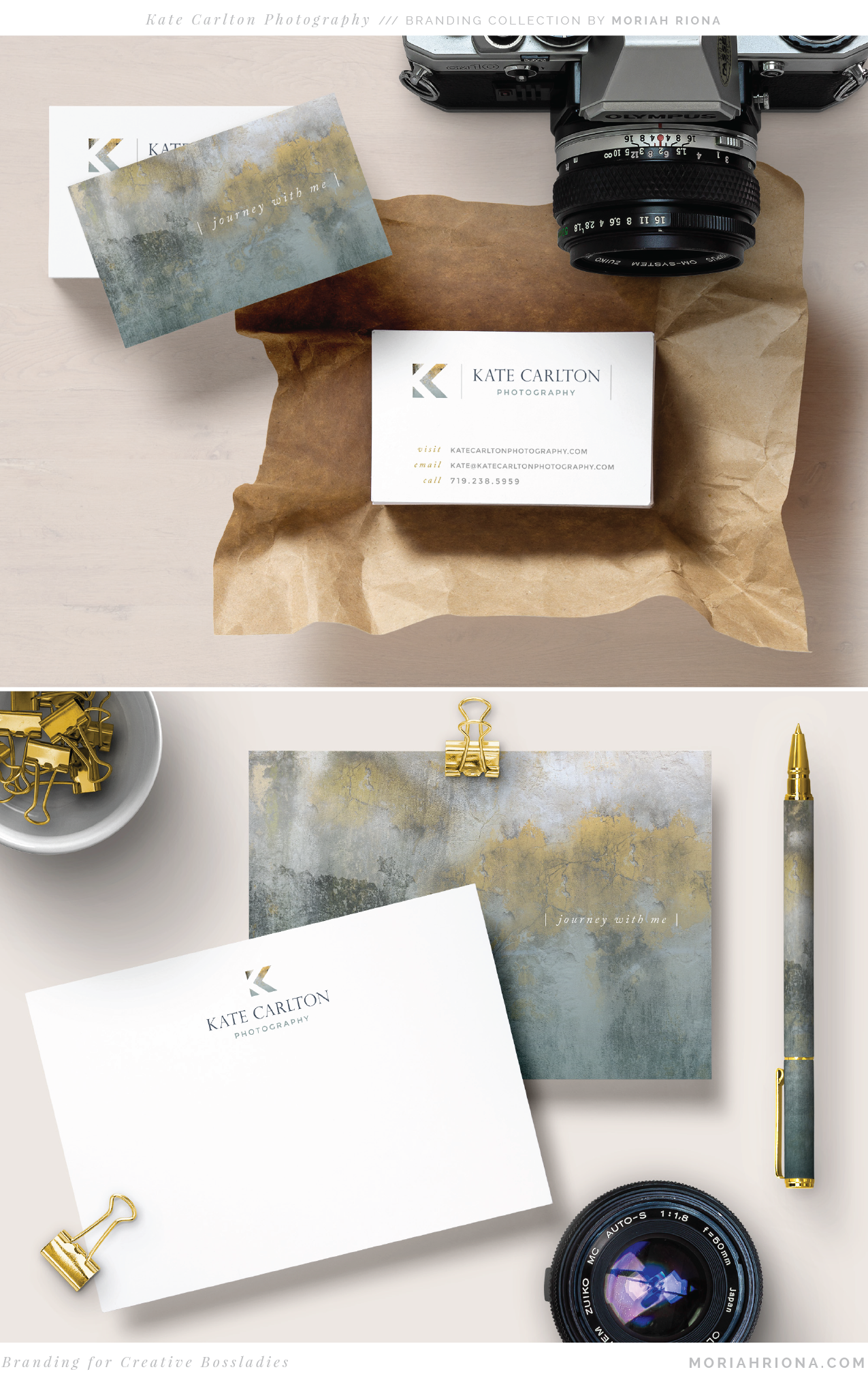 Elegant and sophisticated branding for Colorado Springs photographer, Kate Carlton Photography, by Moriah Riona. Inspired by classical paintings and artwork and reminiscent of Spanish museums. Brand stationery with custom business cards, note cards, thank you cards and stickers. Includes unique brand pattern, logo, submark and tagline. Designs by Denver graphic designer, Moriah Riona. Now booking -- branding for photographers!