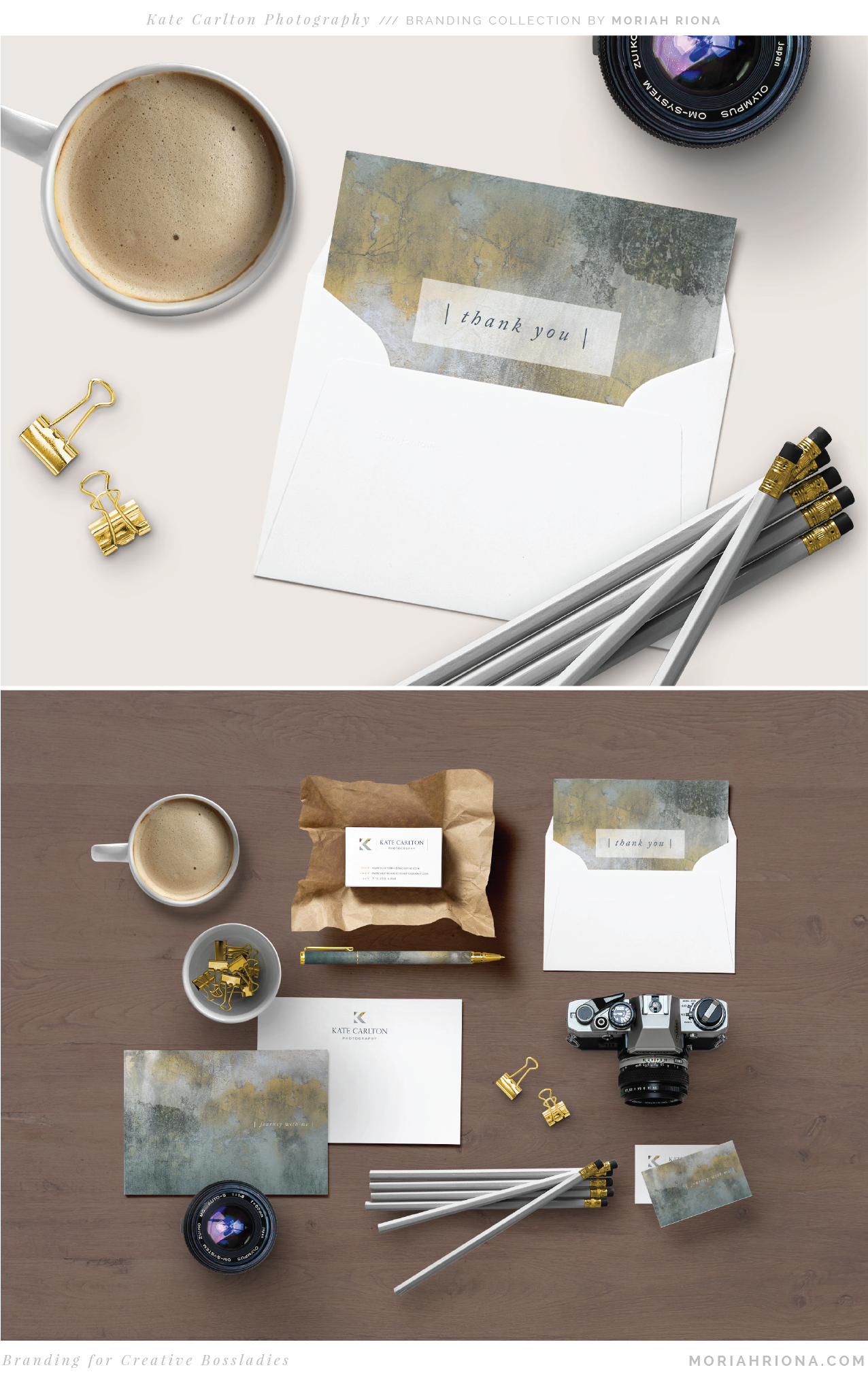 Elegant and sophisticated branding for Colorado Springs photographer, Kate Carlton Photography, by Moriah Riona. Inspired by classical paintings and artwork and reminiscent of Spanish museums. Brand stationery with custom business cards, note cards, thank you cards and stickers. Includes unique brand pattern, logo, submark and tagline. Designs by Denver graphic designer, Moriah Riona. Now booking -- branding for photographers!