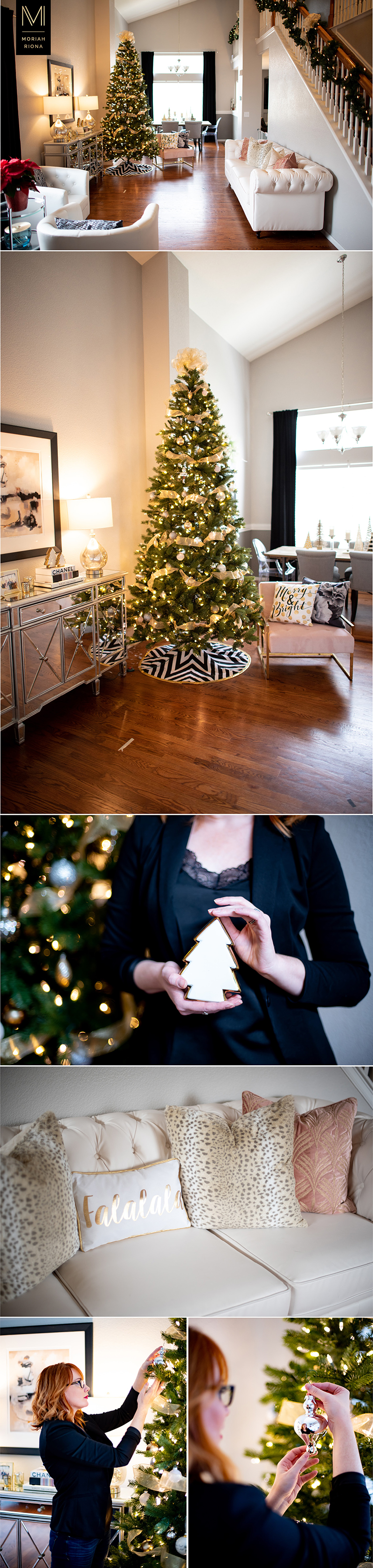 This is why I incorporated my Brand Colors into my holiday home decor! Check out this post to learn why it's so important to establish your own brand colors in your visual branding. For photographers and creative female entrepreneurs. Glam holiday and Christmas decor and tree. #entrepreneur #marketing #christmas #christmastree #gold #black
